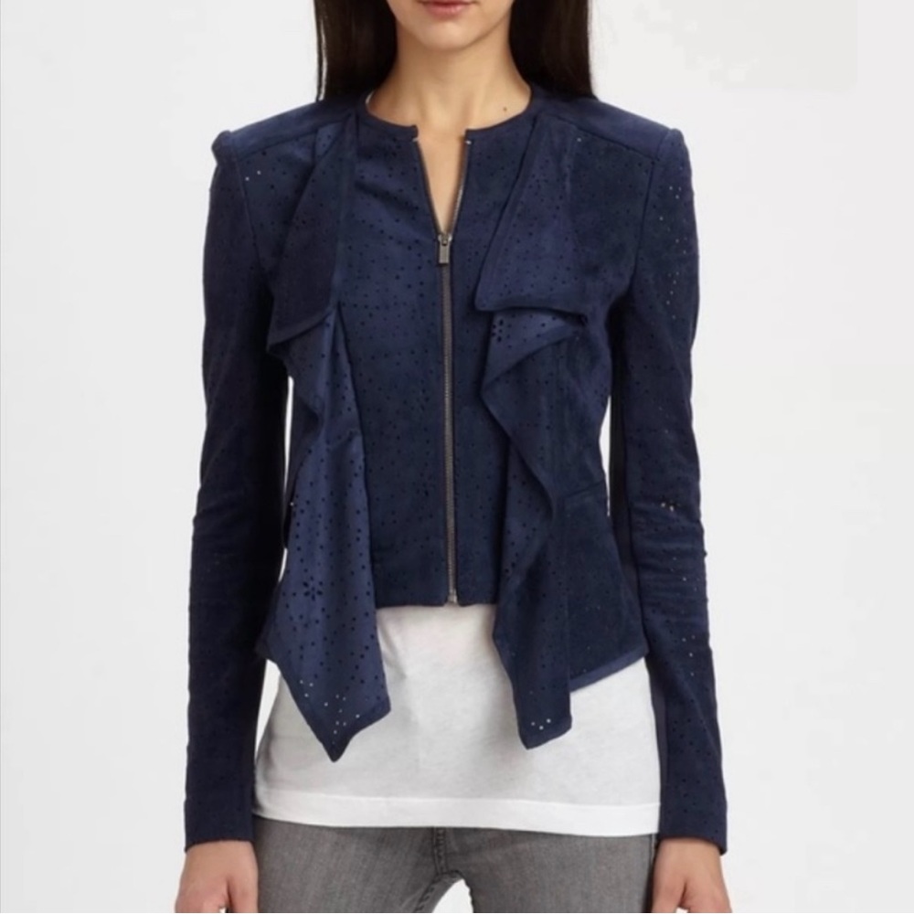 BCBGMAXAZRIA 'Eliot' Perforated Faux Suede Ruffle Lapel Jacket (Navy) Small $298